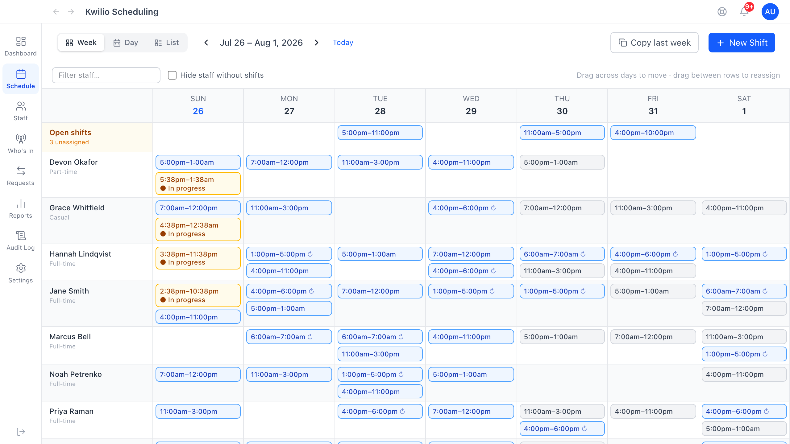 Kwilio Scheduling week view showing staff shifts across the week, with open shifts and in-progress clock-ins