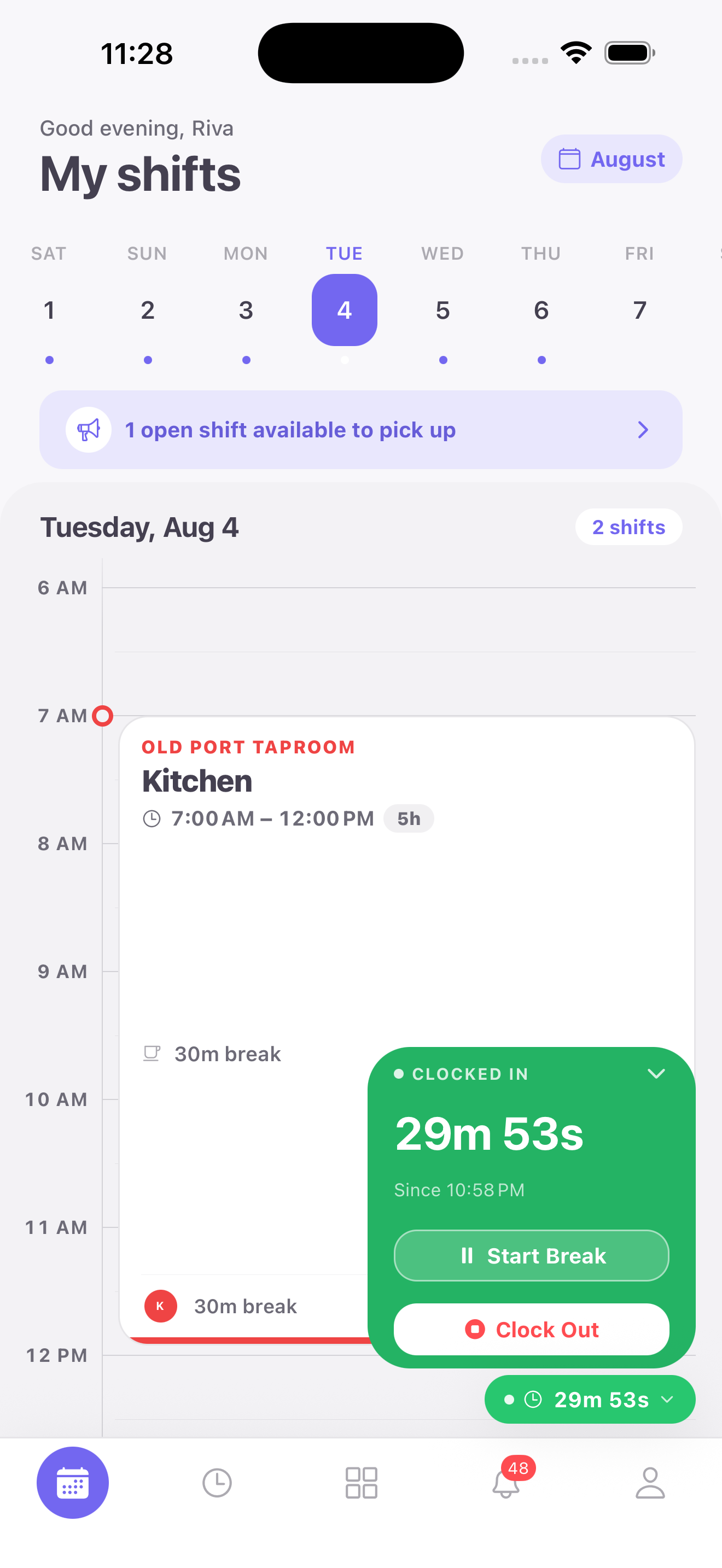 My Shifts screen on iPhone showing a kitchen shift with a live clocked-in timer, Start Break and Clock Out buttons