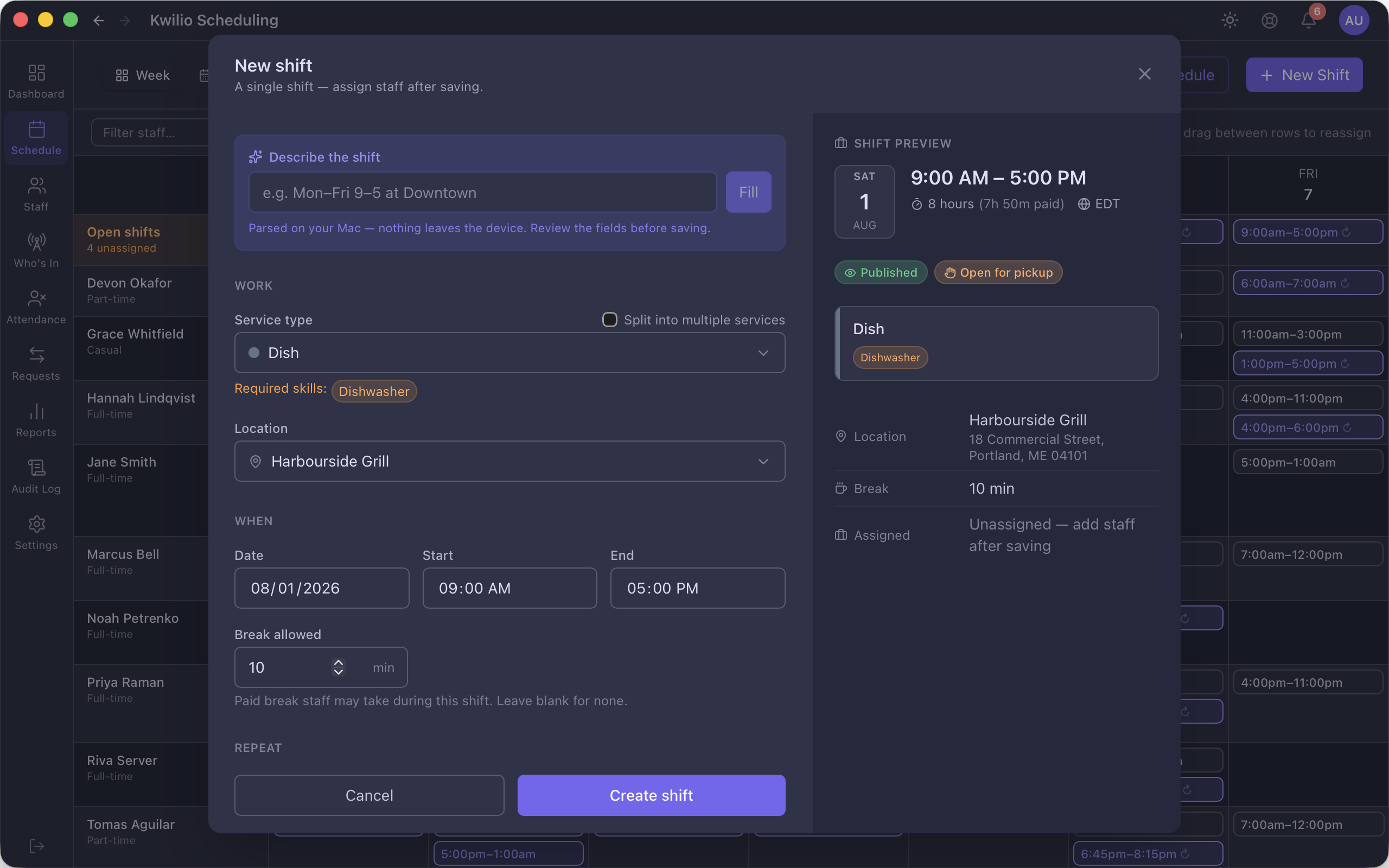 New Shift dialog over the schedule calendar in dark mode, setting a dishwasher shift with required skills, location and a live shift preview